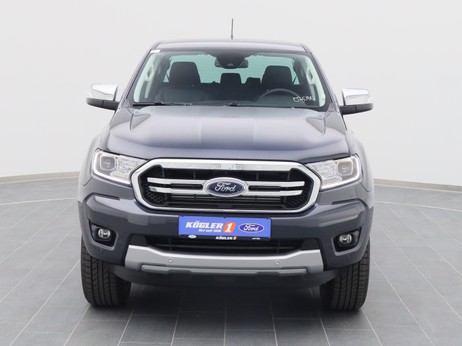 Frontansicht eines Ford Ranger DoKa Limited 213PS Aut. / AHK / PDC in Royal Grau 